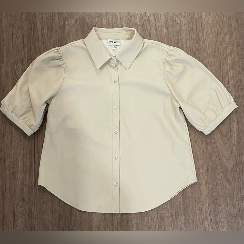 Steve Madden Faux Leather Cream Puff Sleeve Button Front Blouse